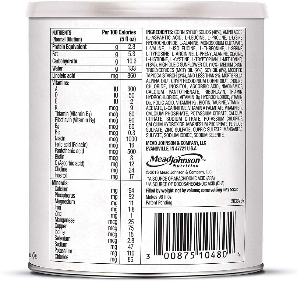The nutrition facts panel on Puramino-brand transition formula, in formula-specific format The nutrition facts panel on Puramino-brand transition formula, in formula-specific format