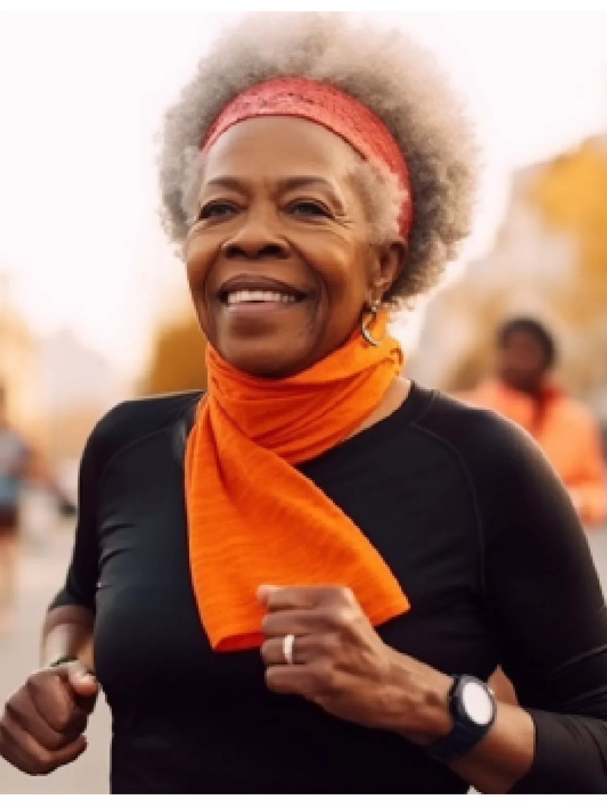 older woman wearing an orange scarf running in a road race.