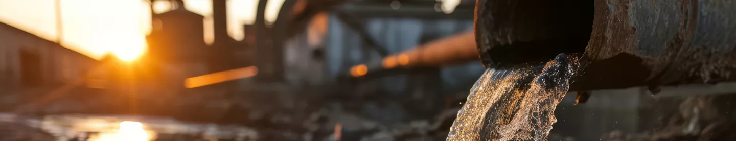 rusty pipe pouring water into body of water and sun in background