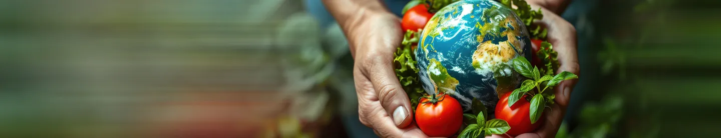 hands holding a planet and tomatoes