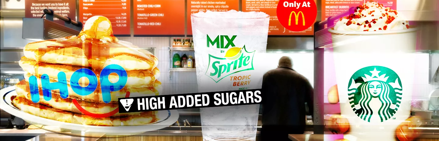 a collage of foods, a menu board, and a sugar warning