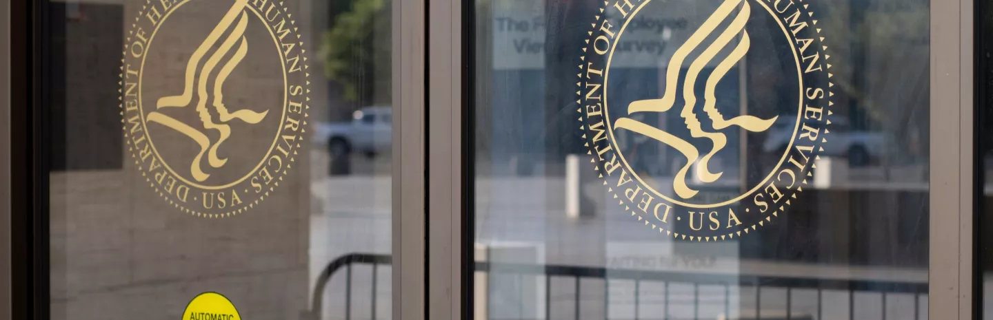 Washington, DC, USA - June 24, 2022: The symbol of the U.S. Department of Health and Human Services is seen at the entrance to its headquarters in the Hubert H. Humphrey Building in Washington, DC. 