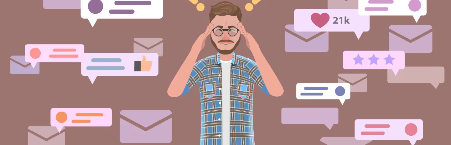 A confused man surrounded by social media posts, icons, information