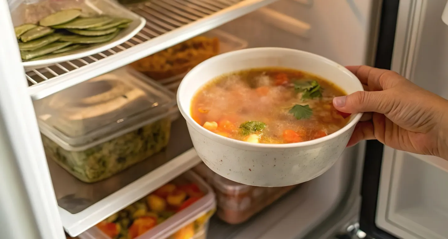 person putting uncovered stew in fridge