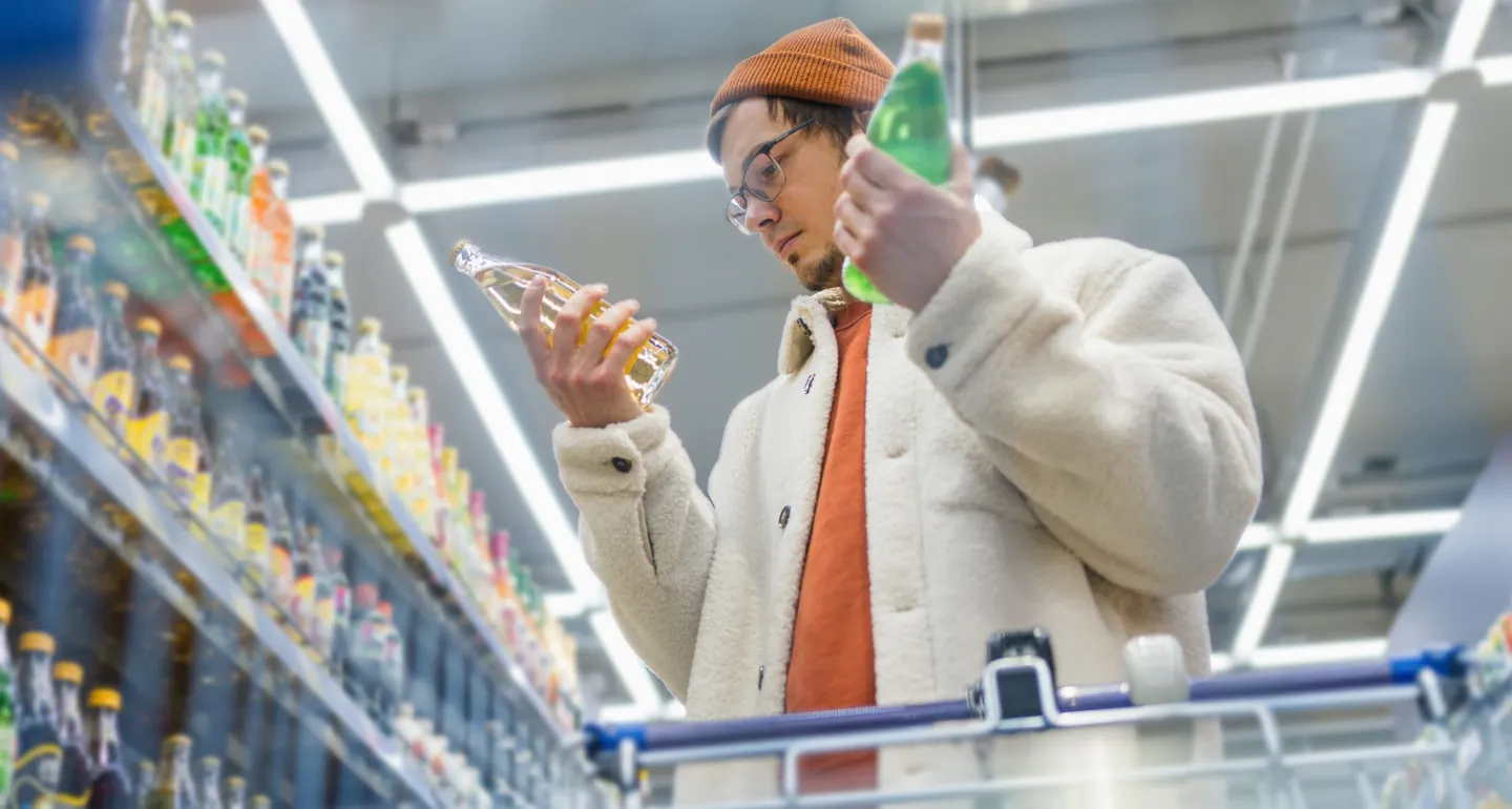 Guy in supermarket reads label, composition of sodas, chooses, compares prices, looks for benefits. Bottom view from grocery cart.
