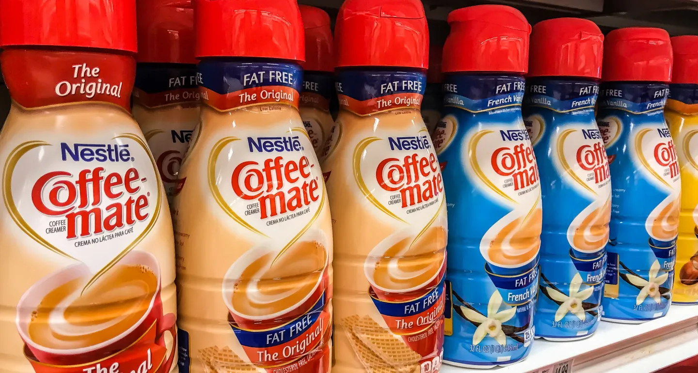 Coffee-mate creamers on a grocery store shelf