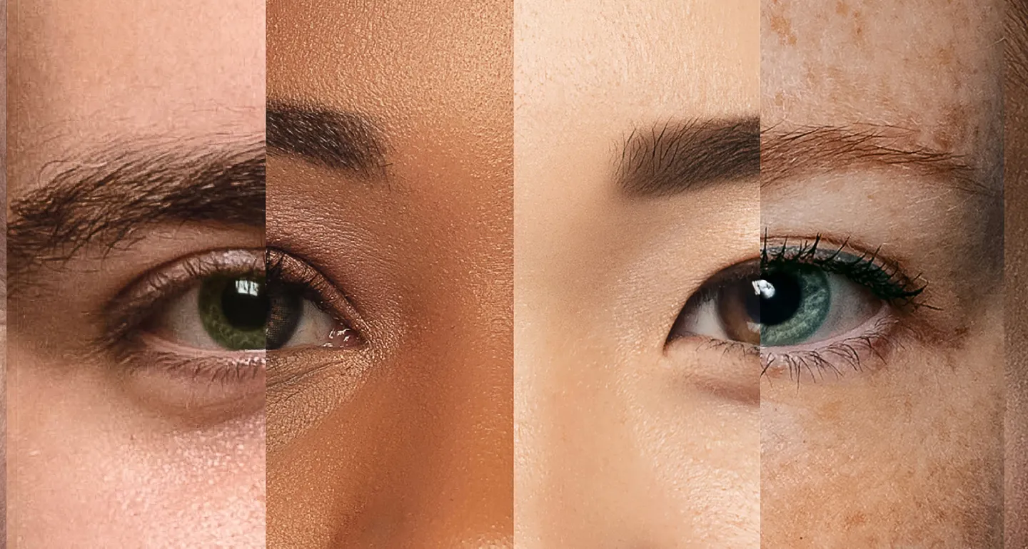Extreme close-up of different faces lined up together to make one new face