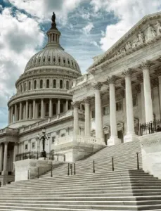 Stark cloudy weather over empty exterior view of the US Capitol Building in Washington DC, USA