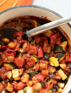 dutch oven filled with ratatouille 