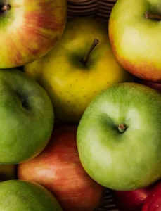 Seasonal produce - a closeup of many apple varieties in a wicker basket