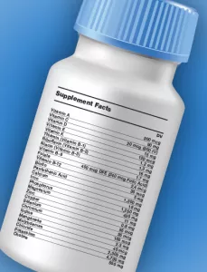 pill bottle with DVs and RDAs listed for vitamins