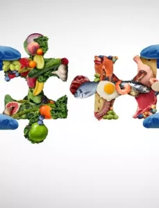 Nutrition science concept with food-group puzzle pieces held by hands in surgical gloves