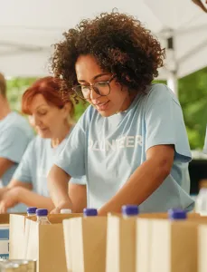 Food bank volunteers organizing food products