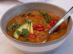 a bowl of Mexican lentil soup