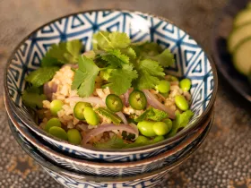 Bowl of thai style fried rice on wood background