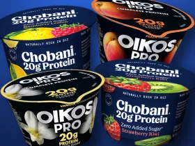collage of oikos pro and chobani protein yogurt cups
