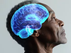 African American man in profile with overlay of a stylized brain