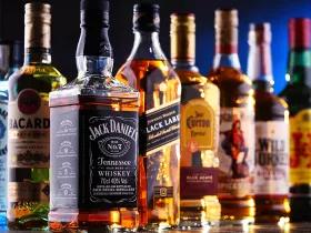 bottles of alcohol on a bar