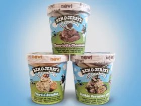 3 Ben & Jerry's Sundaes pints in a pyramid. Flavors included: Choco-lotta Cheesecake, Turtle Sundae, and Cookie Vermont-ster
