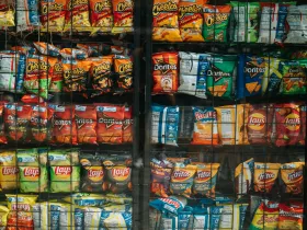 Shelves of assorted chips behind glass.