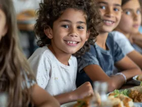 kids sitting at a table with food in front of them