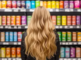 woman with long blond hair facing away towards grocery shelves of colorful canned drinks