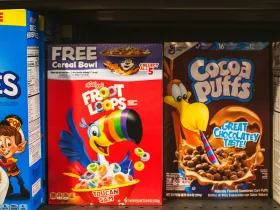 A supermarket shelf displaying boxes of brightly colored breakfast cereals.