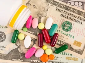 Money with a handful of supplements and tablets on top.