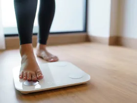person stepping on a scale on wood floor