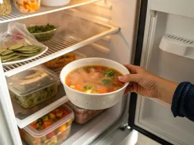 person putting uncovered bowl of stew into a fridge