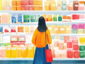 colorful painting of woman looking at grocery store shelves