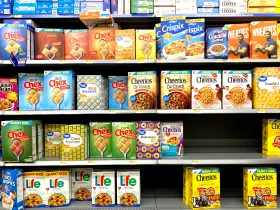A cereal aisle displaying Cheerios variations, Chex, Wheaties, Life Cereal, and more.