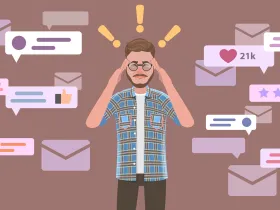 A confused man surrounded by social media posts, icons, information