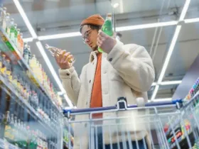 Guy in supermarket reads label, composition of sodas, chooses, compares prices, looks for benefits. Bottom view from grocery cart.