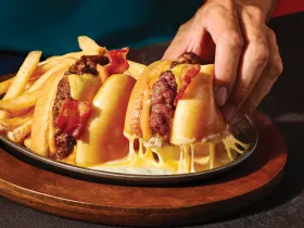 Applebee's O-M-Cheese Burger and fries with a hand picking up on half of the burger