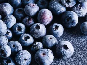 Frozen blueberries closeup with frost texture
