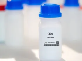 ClO2 chlorine dioxide CAS 10049-04-4 chemical substance in white plastic laboratory packaging