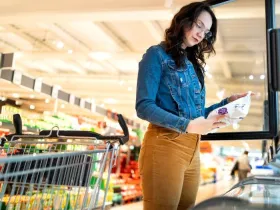 A woman reads labels on frozen food at a grocery store