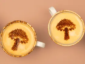 flat lay of mugs with mushroom shaped art