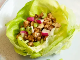 lettuce cup filled with various vegetables and tempeh