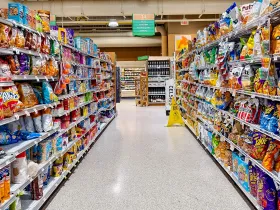 Ultraprocessed foods in a grocery store aisle
