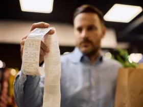 A man holds a grocery store receipt