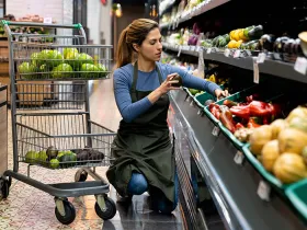 Grocery store employee restocking produce