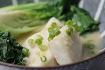 white fish poached in miso broth