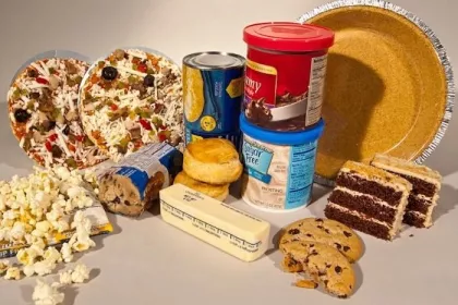 Processed foods containing trans fats (popcorn, pizza, icing, cookies, cake, pie crust, butter, biscuits)