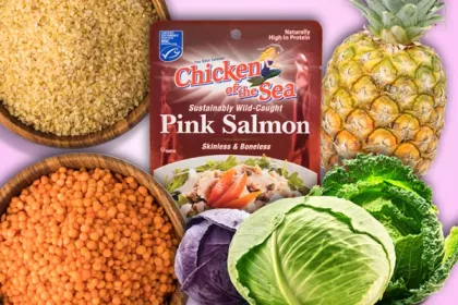 array of lentils, bulgur, salmon, pineapple, and cabbage