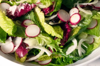 close up on bowl of salad with mixed greens and radish slices