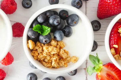 Bowl of yogurt with blueberries and granola