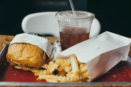 Burger and fries with a fountain soda