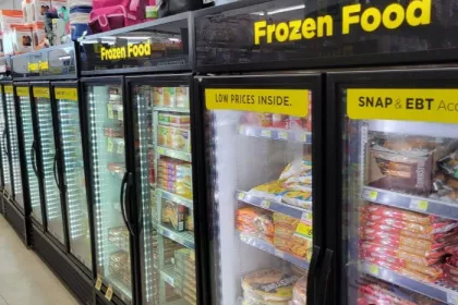 The frozen foods section of a Dollar General store